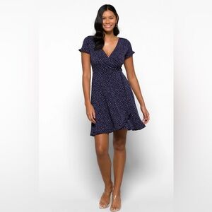 Kaileigh • EUC • Thelma Knit Navy Polka Dot Wrap Dress in Size M